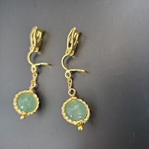 Green Aventurine One Inch Dangle Gold Tone Clip On Drop Earrings Handmade